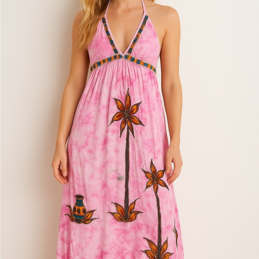 Vintage Pink Embroidered Floral Midi Dress
